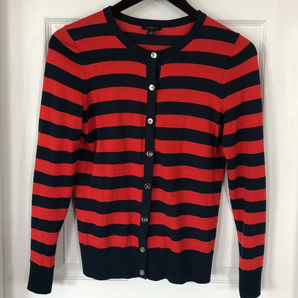 Ann Taylor Red & Navy Striped Cardigan Size SP